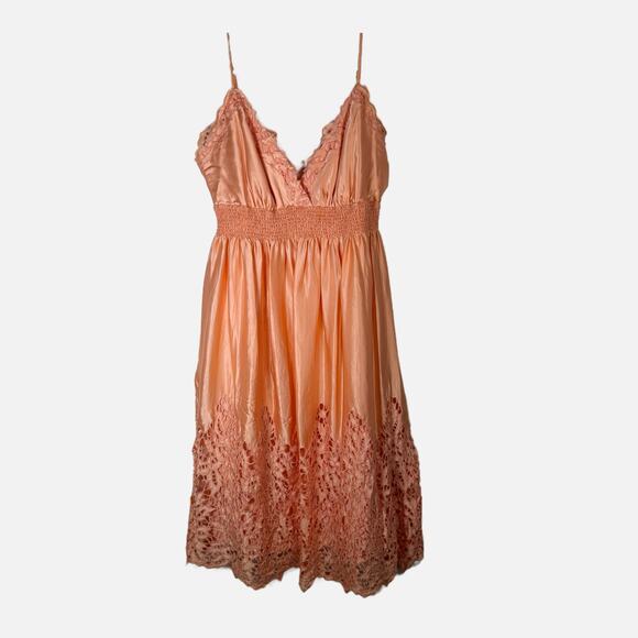 BCBG Silk Lace Eyelet Babydoll Dress Large Peach Spaghetti Strap y2k Party - Picture 2 of 15